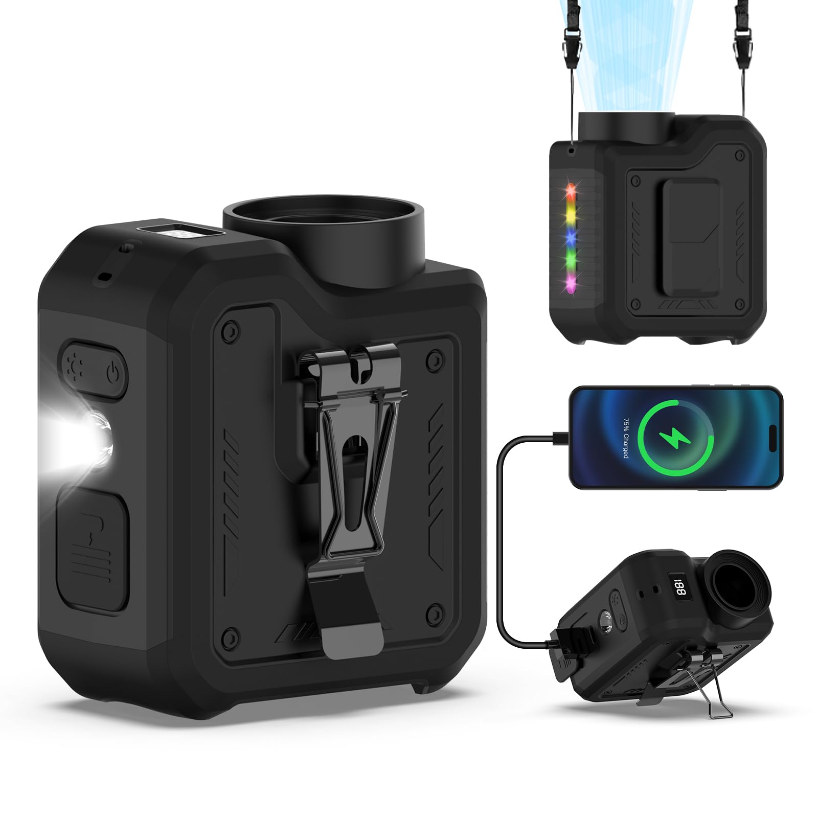 Photo 1 of **UNTESTED**
Qerhod 7-in-1 Portable Turbo Fan,Personal Wearable Waist Fan with Clip,Hands-Free Flashlight & More,Powerful Cooling,24H Runtime,LED Display,10000mAh Rechargeable,4 Speeds,Gifts for Men Dad (Black)