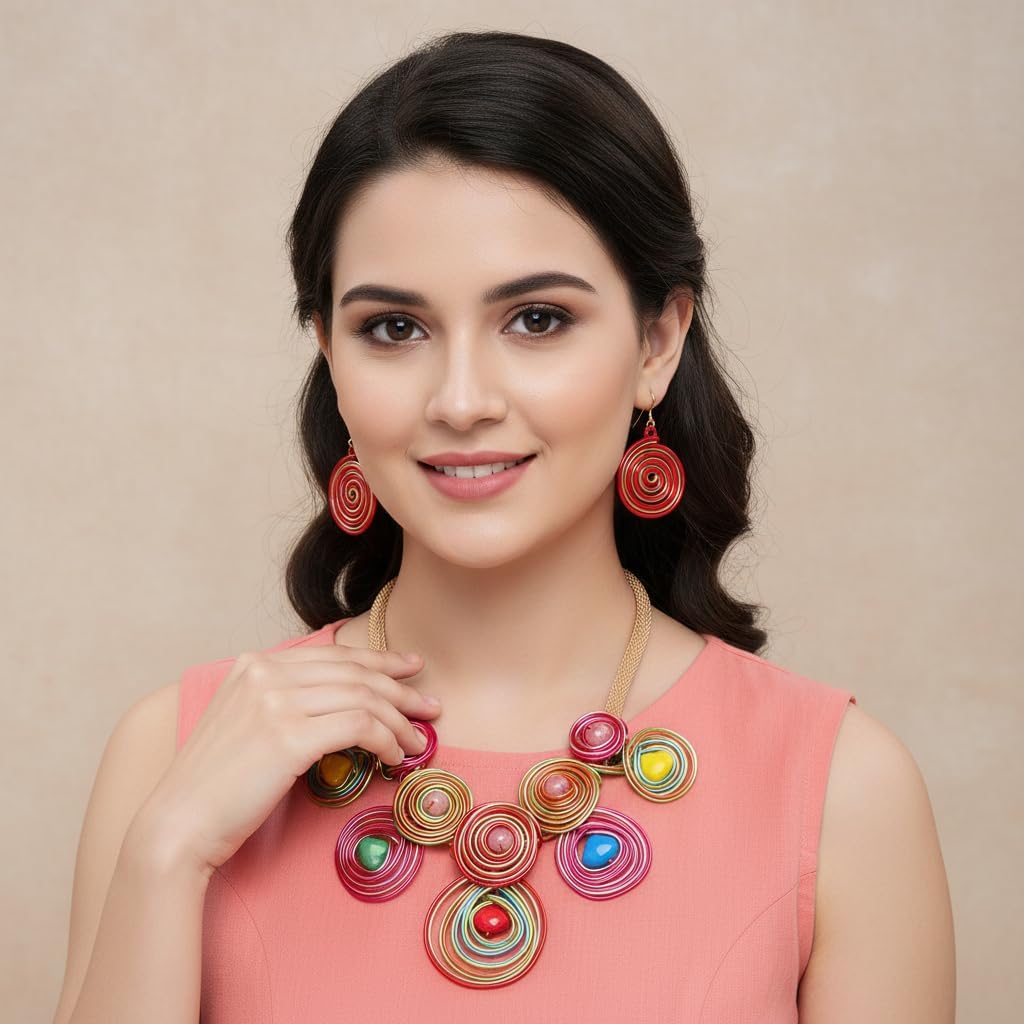 Colorful Spiral Wire Jewelry Set, Statement Necklace and Earrings with Multicolor Crystal,Rose Gold Chain - Image 4