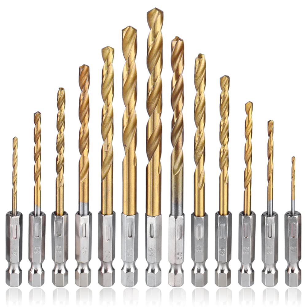 Mesee 13 Pieces Titanium Coated HSS Twist Drill Bits, High Speed Steel