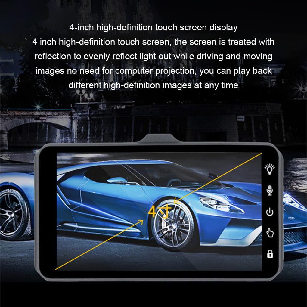 Dash cam con schermo da 4 pollici e notturna per registrazioni | giorno e di notte, con doppia registrazione anteriore e posteriore e funzione di retromarcia.