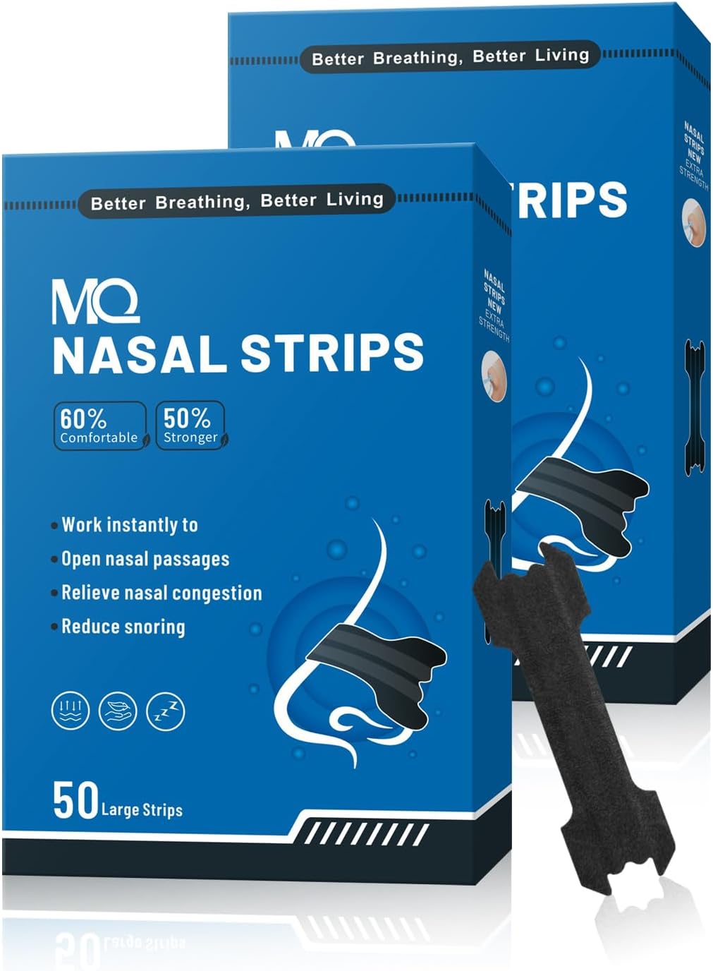 MQ 100ct Nasal Strips for Snoring Black Nose Strips for Breathing Extra Strength Snore Strips to Open Nasal Passages, Relieve Nasal Congestion