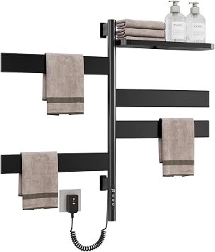 Swivel Heated Towel Rack, Wall Mounted Electric Towel Warmer Rack for Bathroom, 4 Square Bars Swivelable Towel Dryer with Tray, Towel Heater with Built-in Timer, for bathroom, Salons & SpasG69-Black