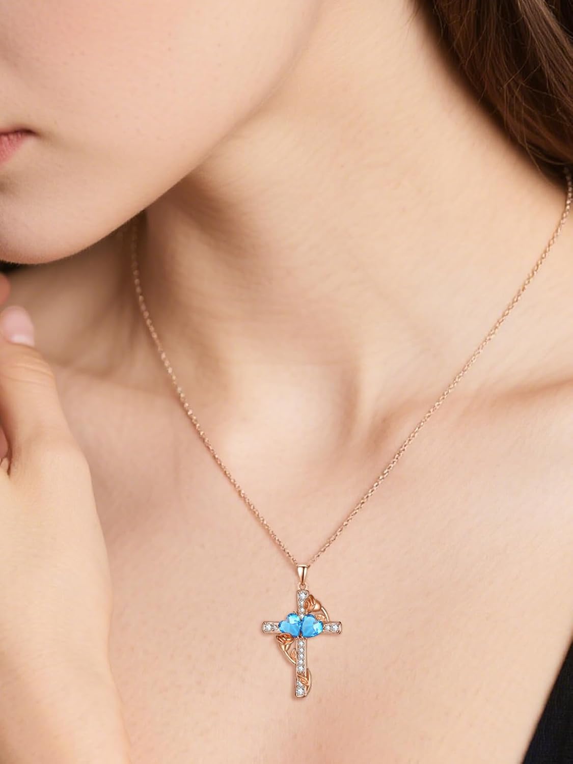 Rose Gold Dual Birthstones Cross Necklace for Women Rose Flower Jewelry Anniversary Christmas Mother's Valentine's Day Birthday Gift for Wife Girlfriend Mom
