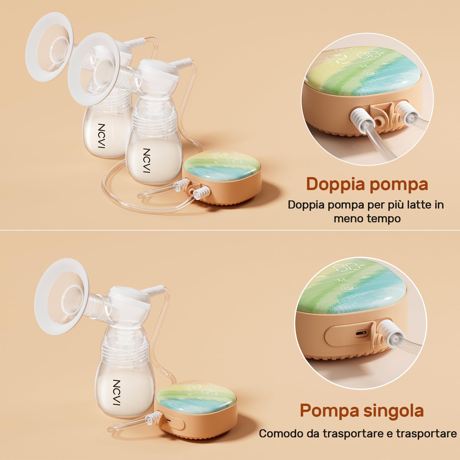 NCVI Tiralatte Elettrico Doppio, Tiralatte Elettrico 8122 con 4 Modalità 9 Livelli, Tiralatte con Flange 21/24mm, Tiralatte Ricaricabile Ultra-Quiet per Casa e Viaggi, Touchscreen LED