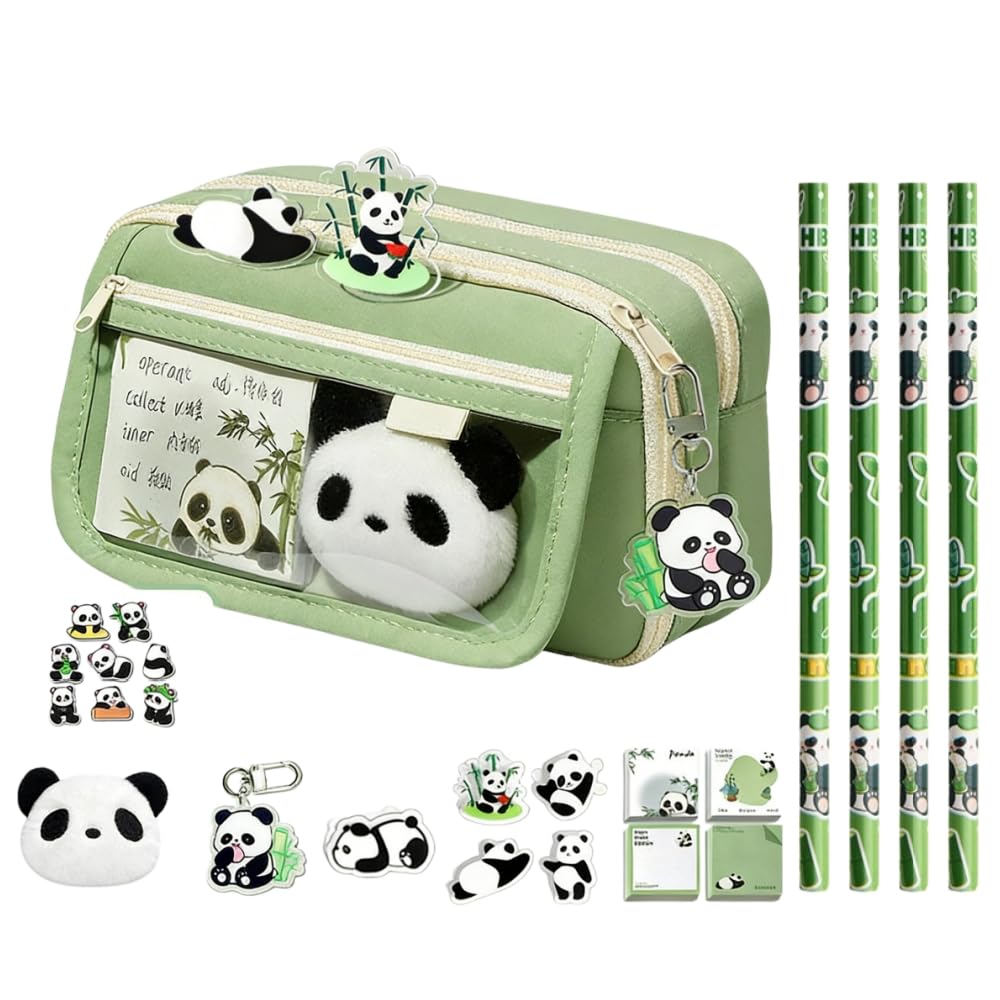ISABELLA MOON Capybara Panda Stationery Set, Pencil Case with Stationary, Multi-Layer School Pencil Case, with Eraser, Ballpoint Pens, Sticker and More, School Office Supplier (Panda)