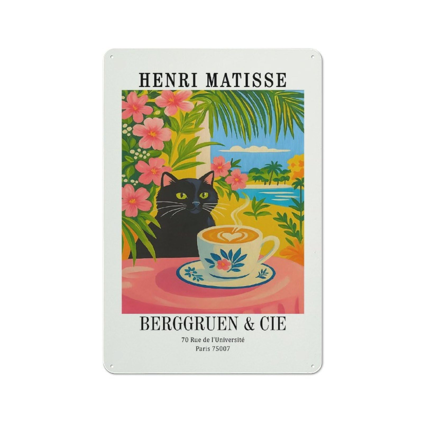 Junmoney Style Barn Farmhouse Metal Sign 30X20cm Featuring Henri Matisse Inspired Cat And Coffee, Cottage Wall Art For Kitchen, Cottage, Porch Or Garden Room