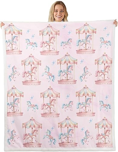 Manta de franela de unicornio para todas las estaciones, manta romántica de carrusel de parque de atracciones, estilo princesa, diseño de cuento de