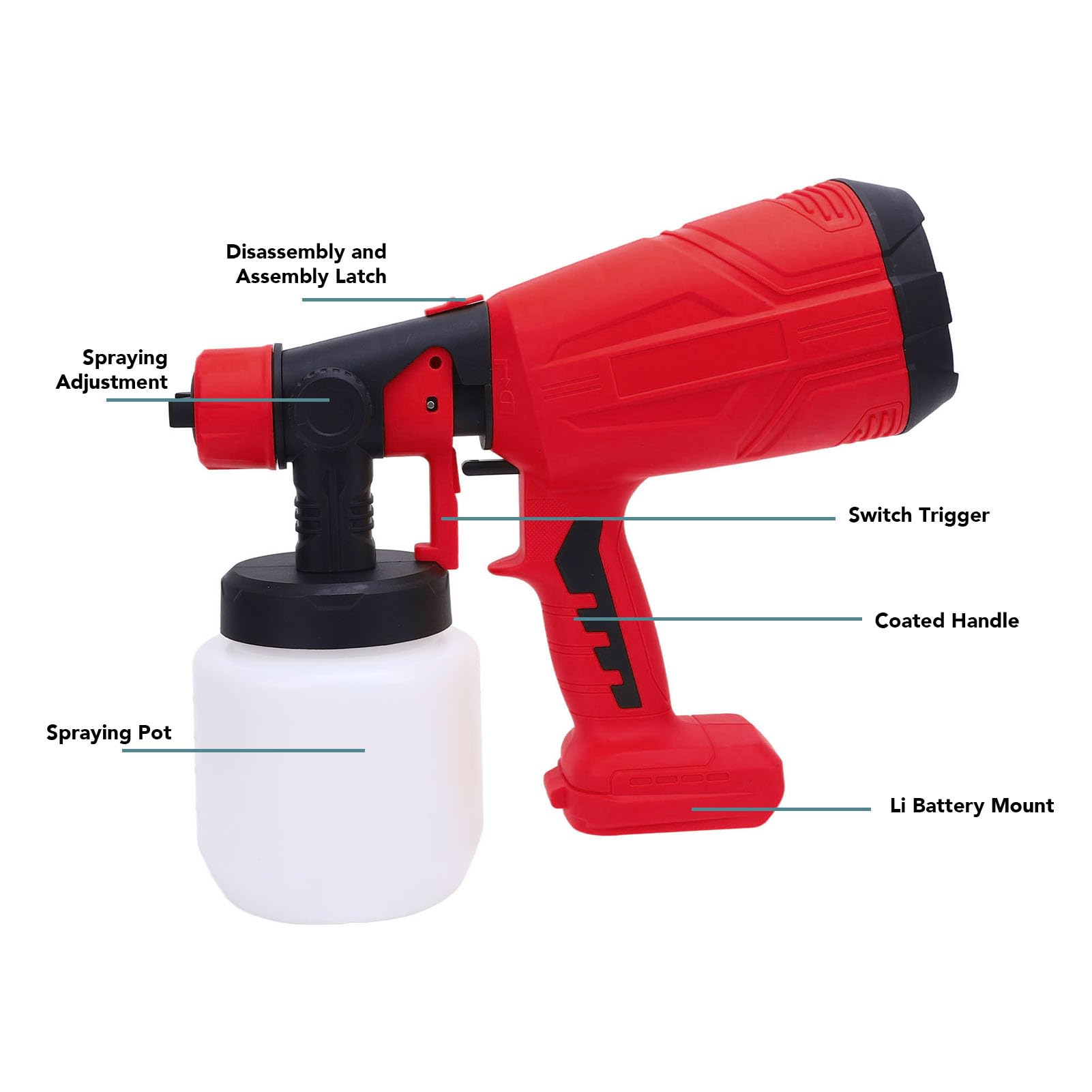 Pistola de Pintura eléctrica, 800ML 200W inalámbrico pulverizador de Pintura con 4 boquillas para 18V Li batería, Pulverizador de Pintura de Mano Ajustable y Fluido