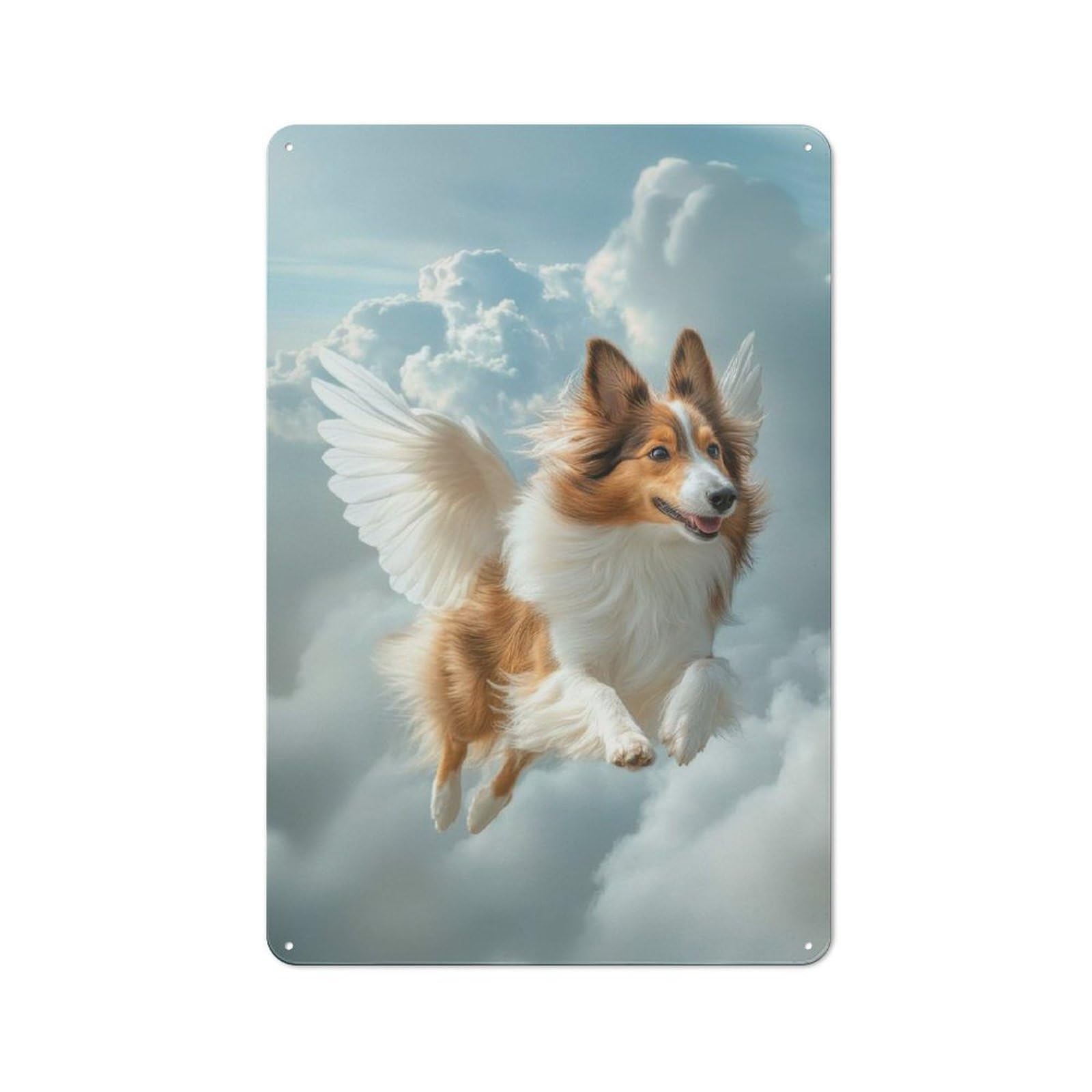 Junmoney Winged Sheltie Dog Flying In Clouds Shetland Sheepdog Pet Loss Wall Art Printed Metal Sign 30X20cm For Café Or Restaurant, New-Space Wall Decor For Café Owners And Decorators