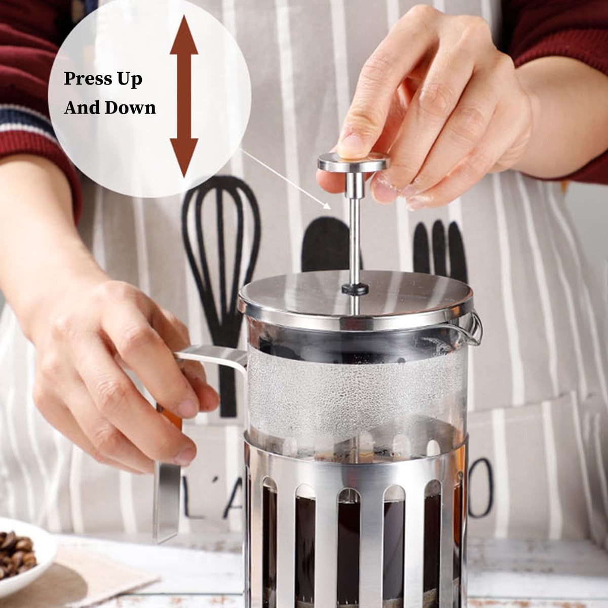 Cafetera de prensa de acero inoxidable con sistema de 3 filtros, resistente al calor, prensa francesa, diseño aislado de vidrio