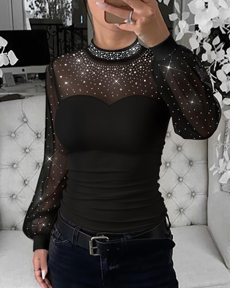 Women Rhinestone Top Mock Neck Lantern Long Sleeve Shirt Sheer Mesh Spliced Tee Hollow-Out Back Slim Fit Top - Image 2