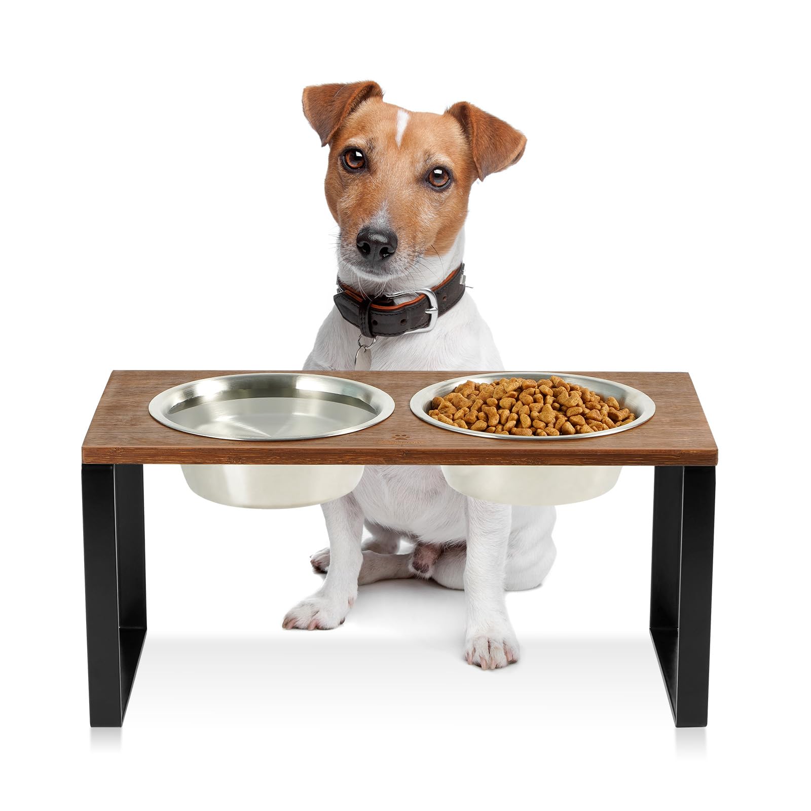 GUUSII HOME Comedero Perro Elevado Soporte Cuenco y Bebedero Alto para Perros Elevador Comederos de Bambú con 2 Cuencos de Acero Inoxidable 900ml Fácil de Montar 42.5 * 20 * 20.5cm