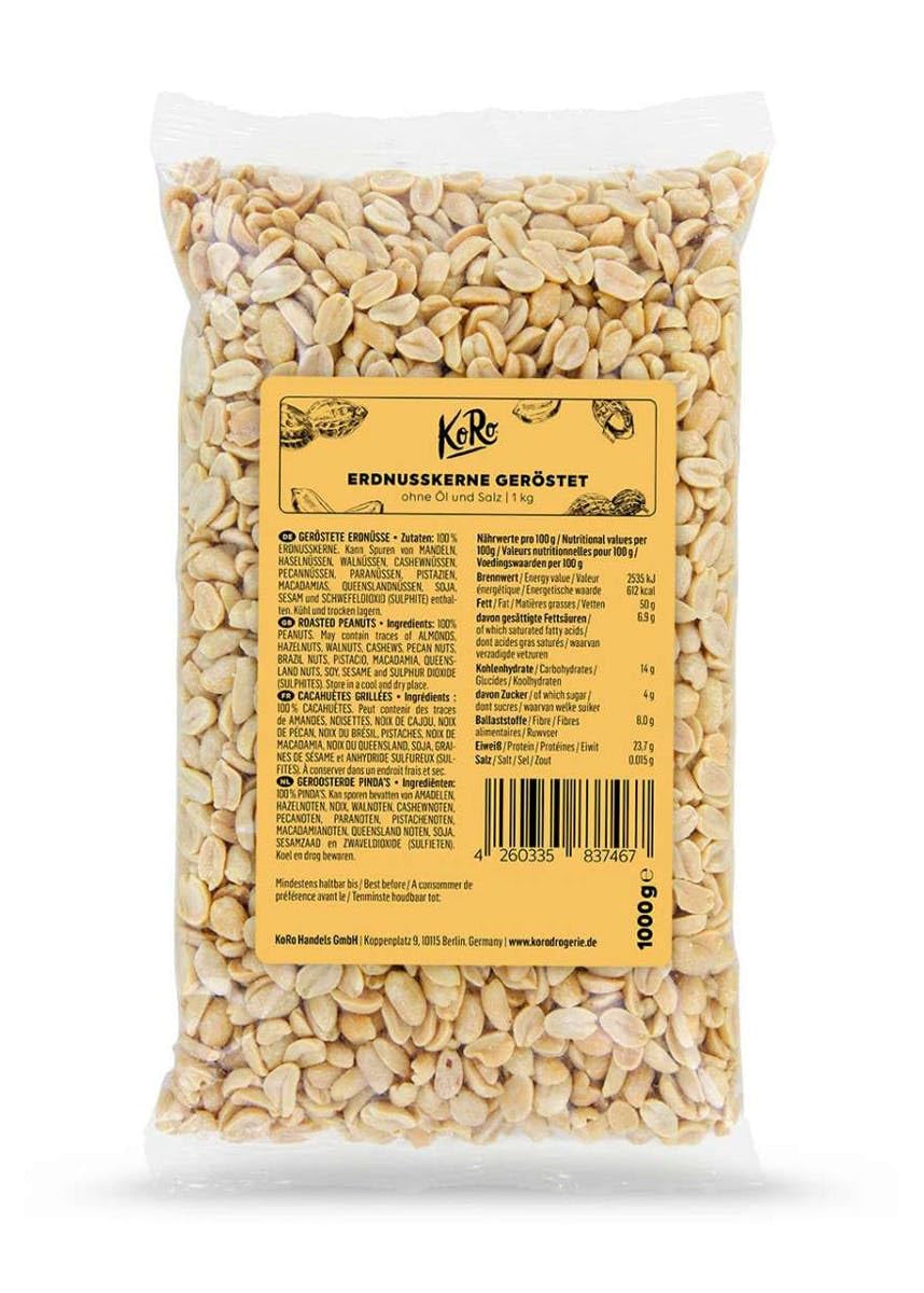 KoRo - Erdnüsse Geröstet ohne Salz und Öl 1kg - Großpackung ungesalzener naturbelassener Erdnusskerne ohne künstliche Zusätze ohne Öl geröstet
