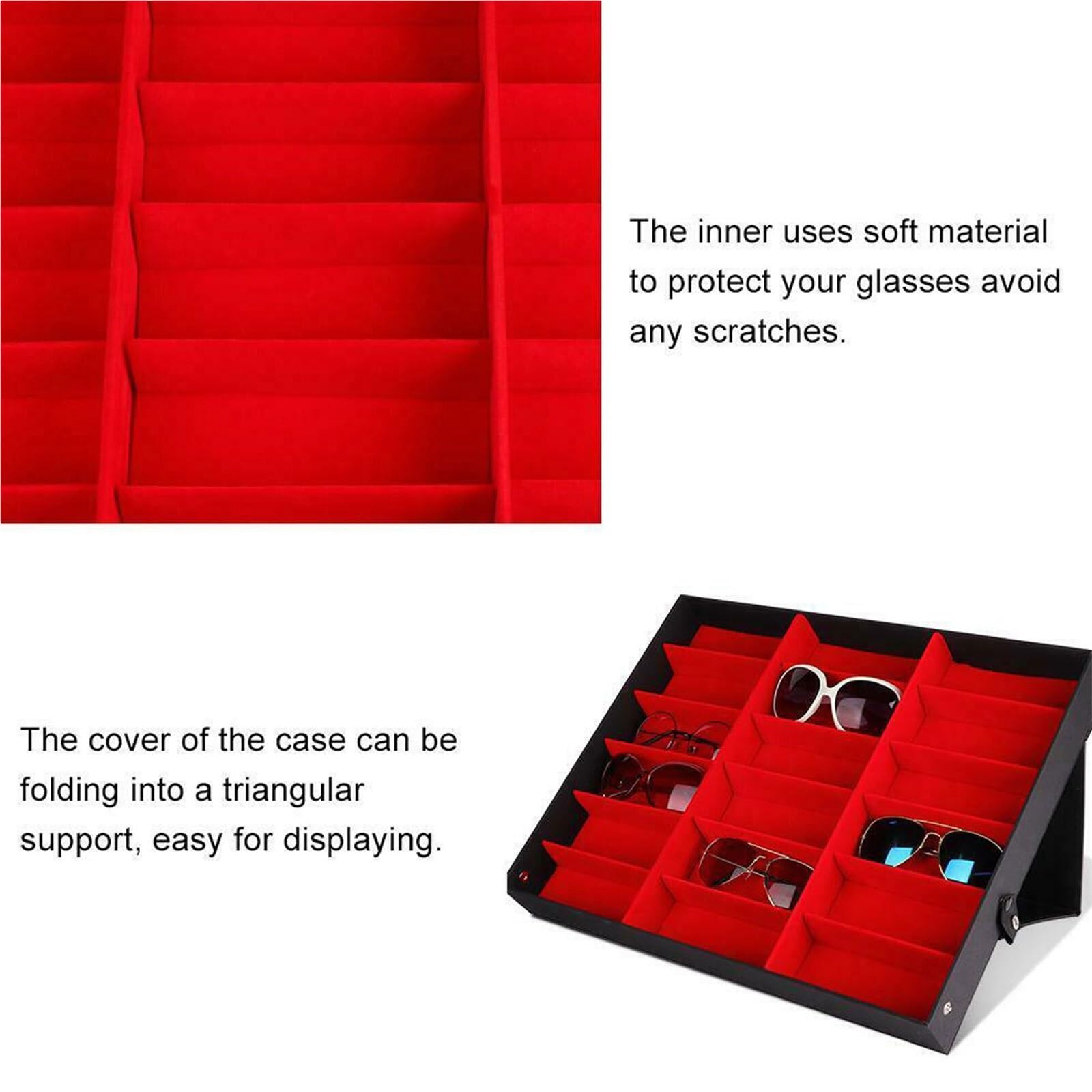 Bandeja expositora para gafas, Caja expositora de gafas 18 rejillas multicolor(Red)