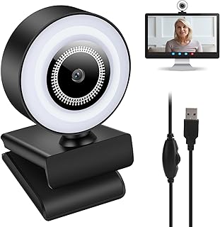 Full HD 1080p Streaming Webcam, Webcam with Built-in Microphone and Adjustable Ring Light, Face Cam for Broadcasting, Gaming, Live, Video Calling and Recording