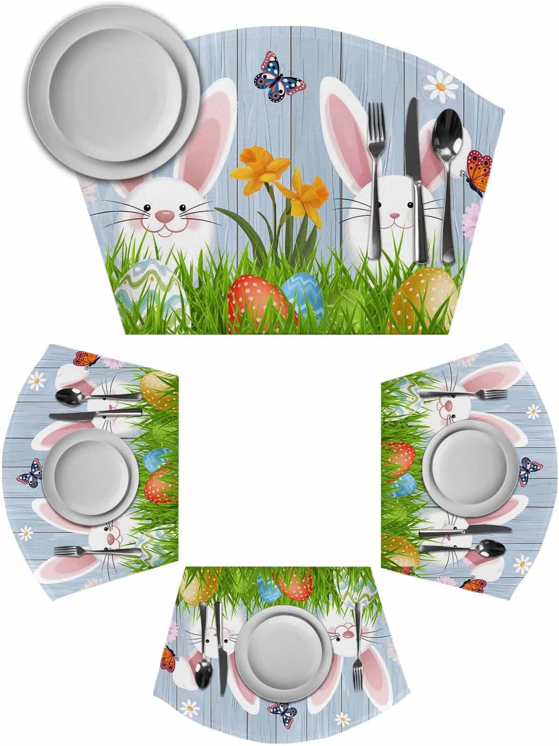 Easter Bunny Round Placemats Set of 4, Spring Easter Eggs Floral Blue Woodn Placemats for Round Dining Table Shape Wedge Placemat for Outdoor Indoor Wipeable Clean Table Place Mats