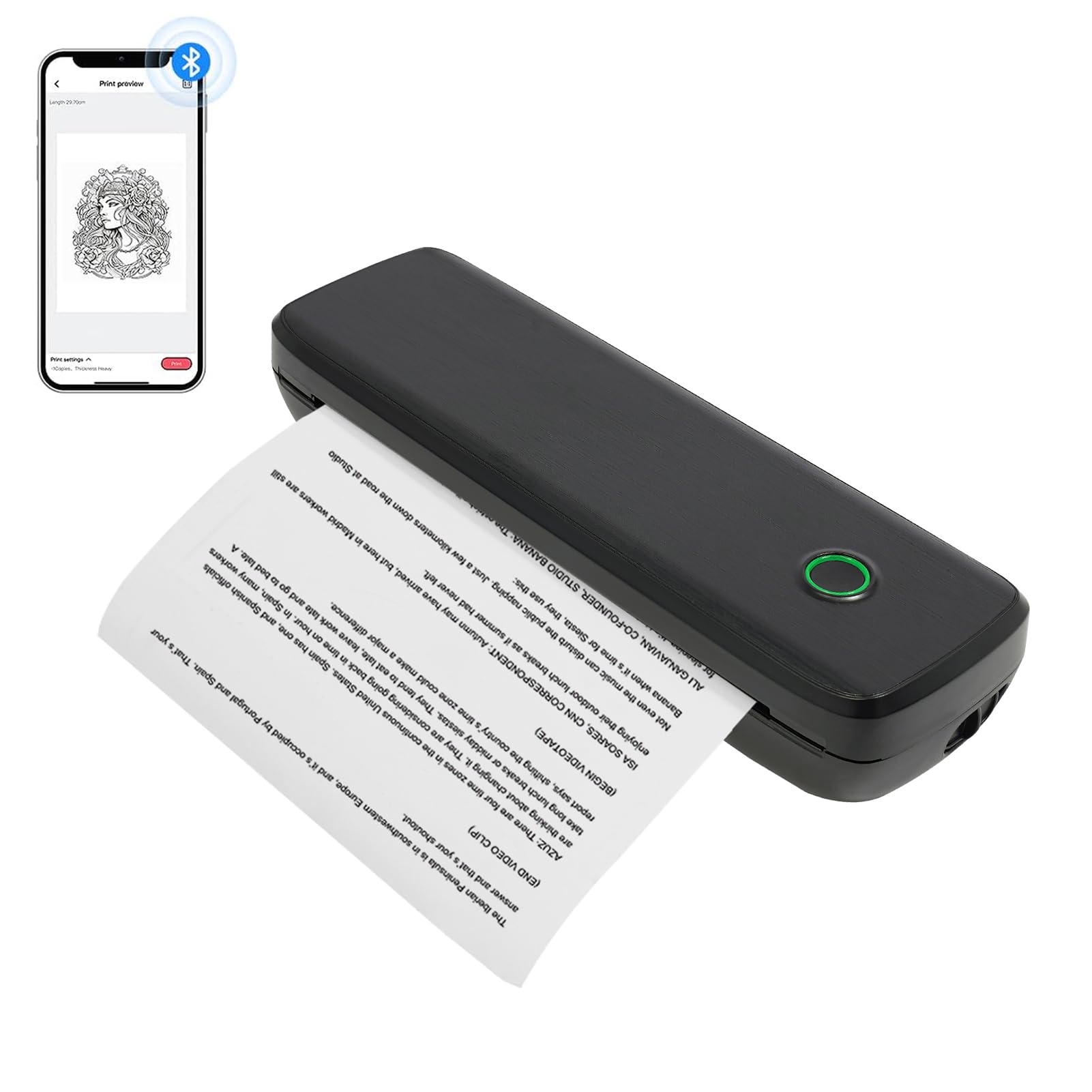 Impresora térmica A4 con Bluetooth, mini impresora portátil de 10 W, para oficina, hogar, escuela y viajes, 29 x 9 x 5,8 cm (negro)