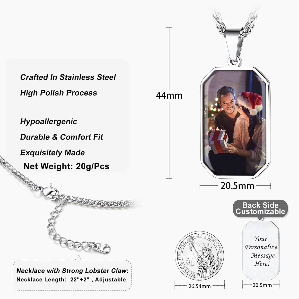 U7 Personalized Picture Necklace for men,Custom Gold Plated/Black/Silver Photo Pendant, Memorial Dog Tag/Octangle Necklace for Men Husband Boyfriend,Send Gift Box - Image 6
