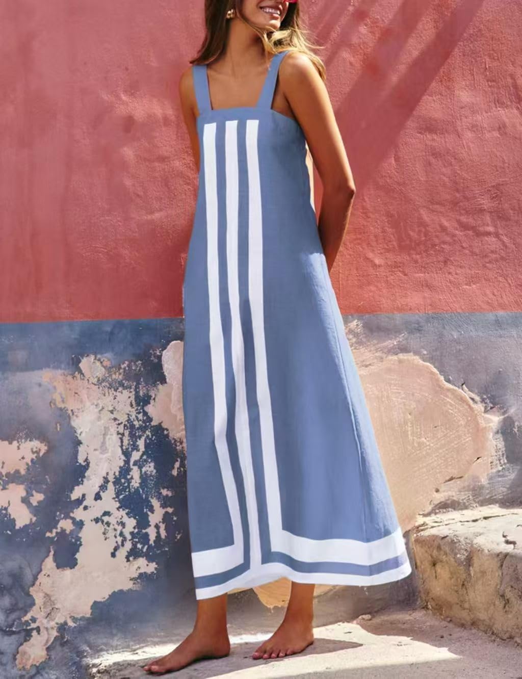 Women's Boho Beach Cover Up Dress Long Striped Maxi Dress with Shoulder Straps Summer Coverup 2025 - Image 4