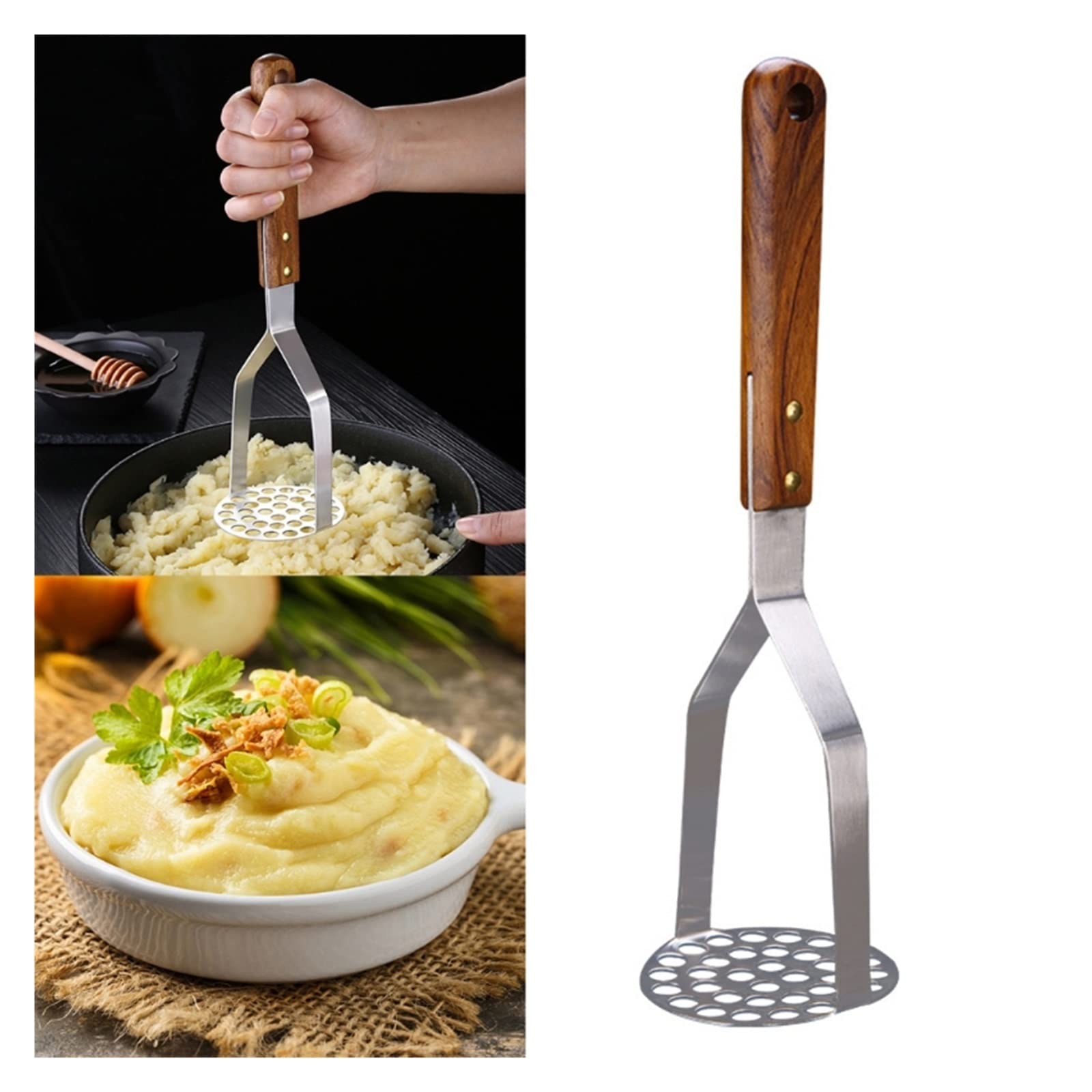 Kartoffelstampfer Kartoffelstampfer Edelstahl Lebensmittelstampfer Utensil mit Holzgriff Gemüse Obst Vielseitiger Stampfer