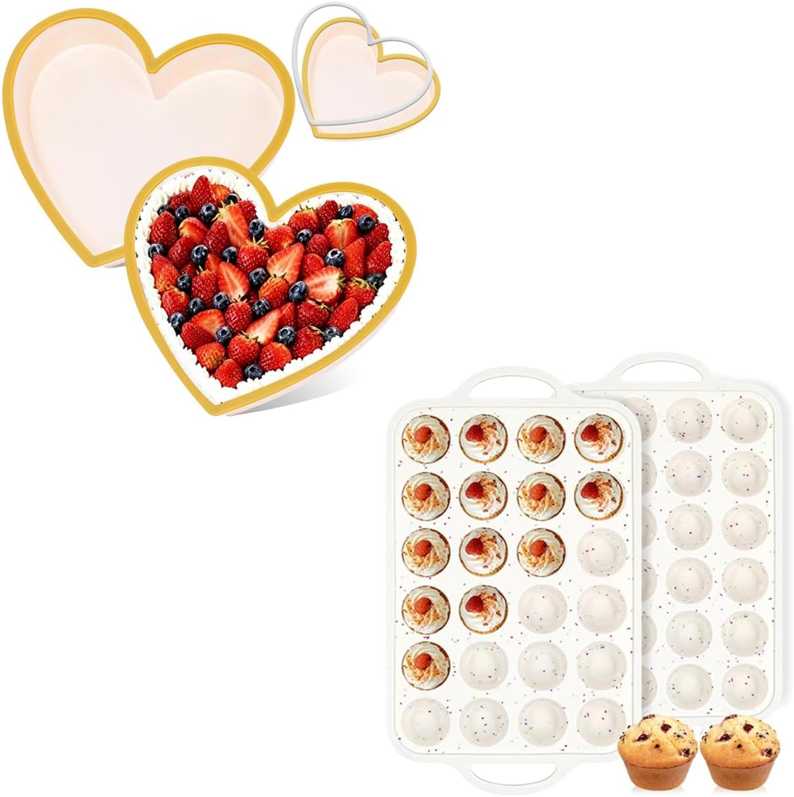 FUNBAKY Metal Reinforced Frame Silicone Mini Muffin Pan 24 Cups - 2 Pcs & 10 Inch Silicone Large Heart Cake Pans with Metal Reinforced Frame - 2 Pcs
