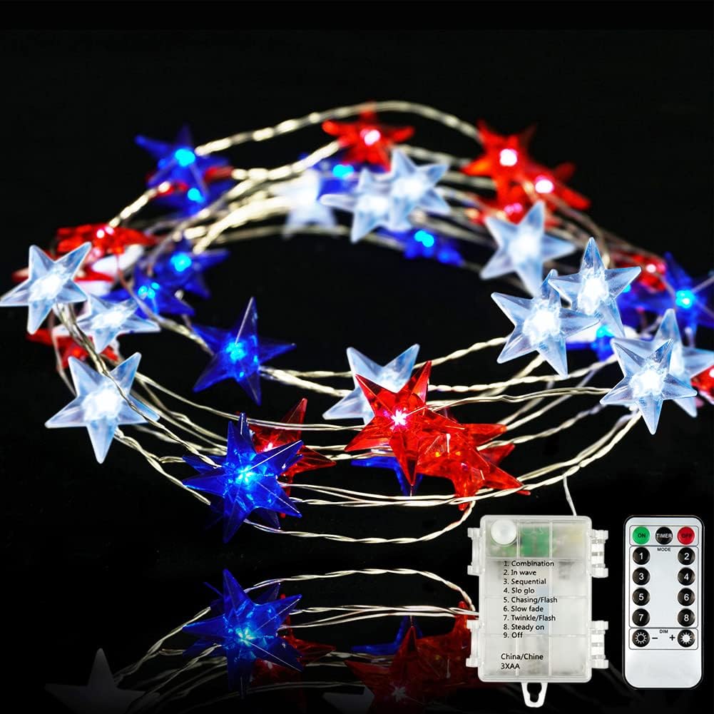 BOHON Independence Day Decor LED String Lights Battery Operated with Remote 10 ft 40 LEDs USA American Stars Flag Lighting String Lights for Bedroom Patriotic Decoration Memorial Day Presidents Day