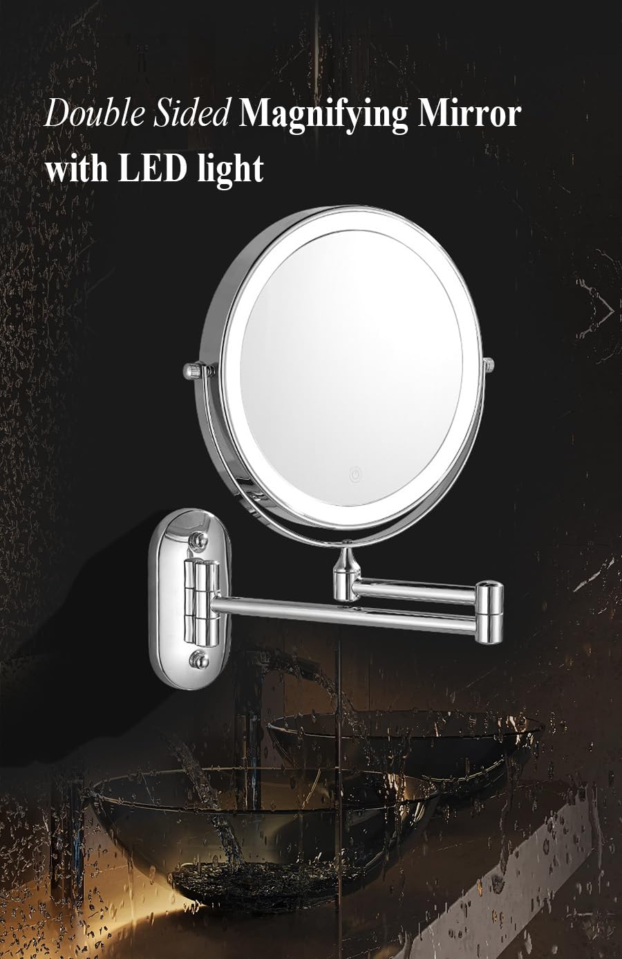 Kosmetik-Vergrößerungsspiegel mit LED-Leuchten, 1-fach/10-facher doppelseitiger Vergrößerung, wiederaufladbarer Badezimmer-Wandspiegel für Make-up-Rasur (Schwarz,10X Vergrößerung)