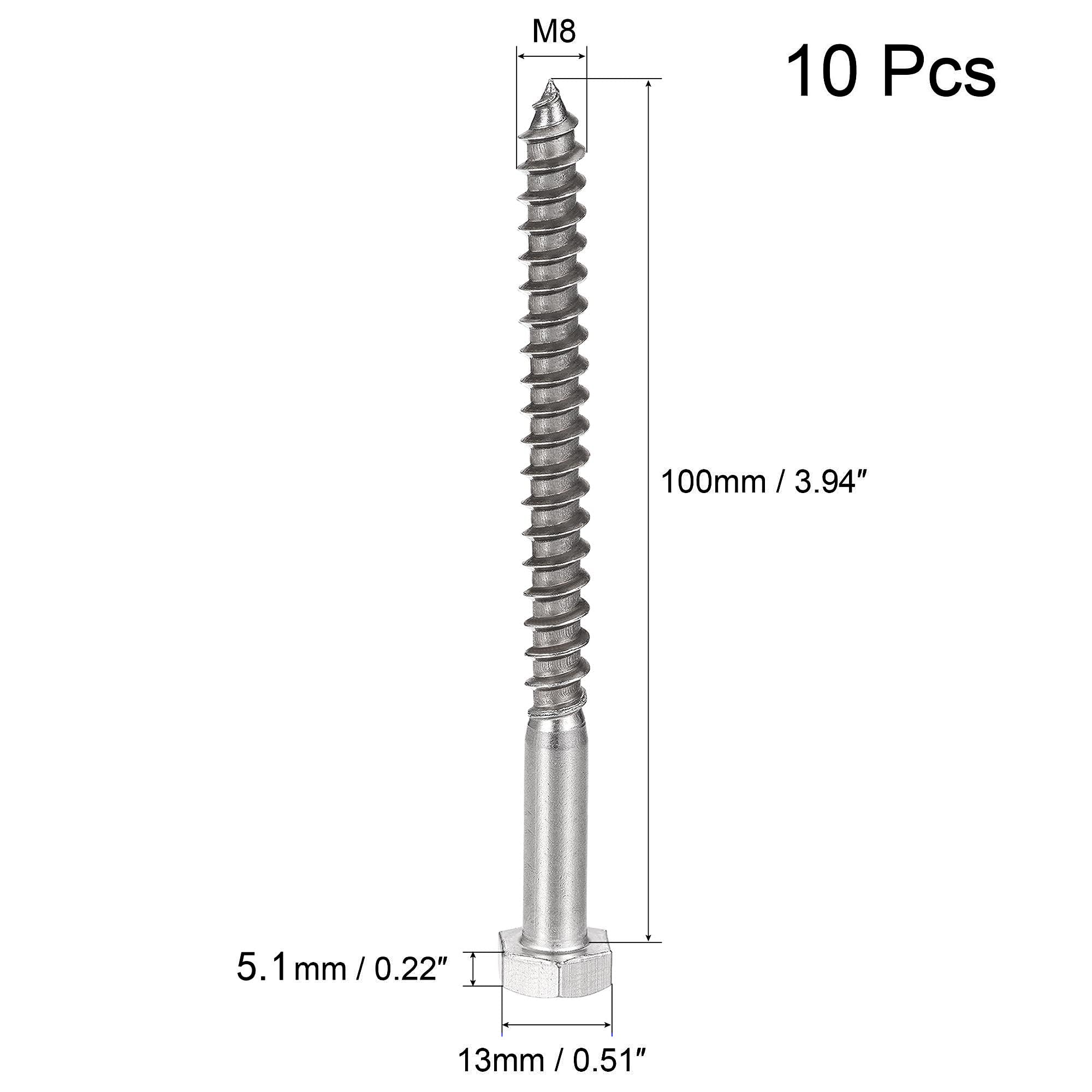 Unifizz 10 Pcs Hex Lag Screws, M8 x 100mm 304 Stainless Steel Wood Bolts - Image 2