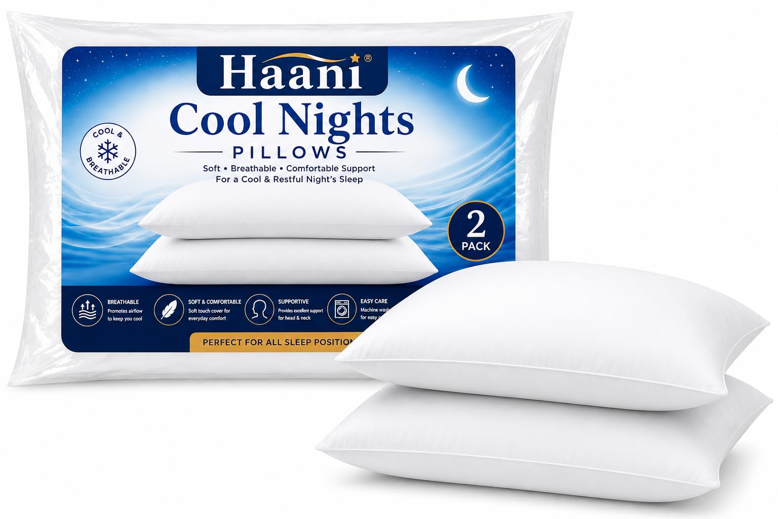 Haani Summer Night Pillows Pack of 2/4, Made in UK, Breathable Soft Bed Pillows, Comfortable Sleeping Pillows, Head & Neck Support, Hotel Quality, Standard Size 74cm x 48cm (Pack of 2)
