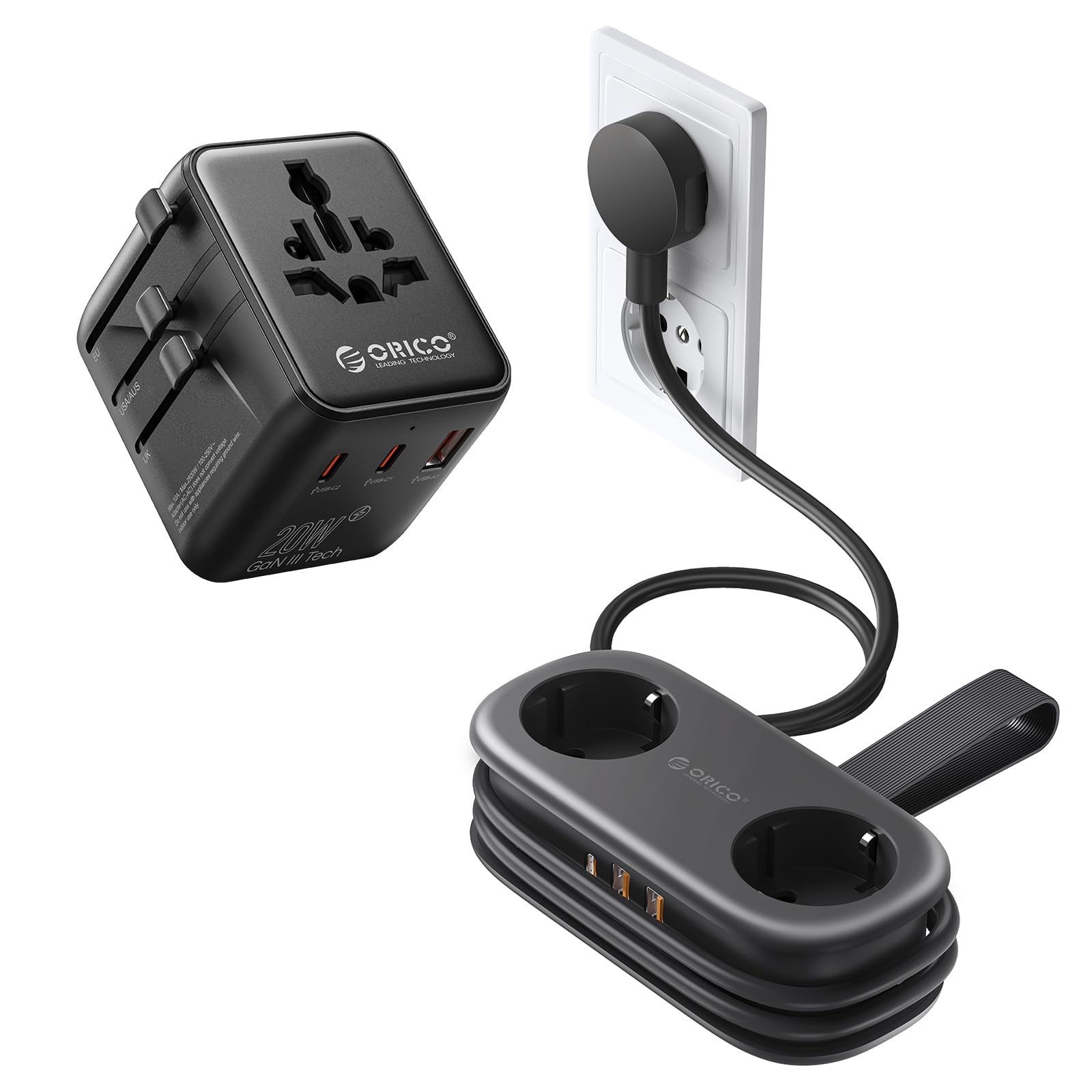 ORICO Kit de Viaje Completo: Regleta de Viaje (Negra) y Adaptador de Enchufe Universal - Solución de Carga 2 en 1 con 2 Tomas y 5 Puertos USB (PD 20W), Compacto para Equipaje