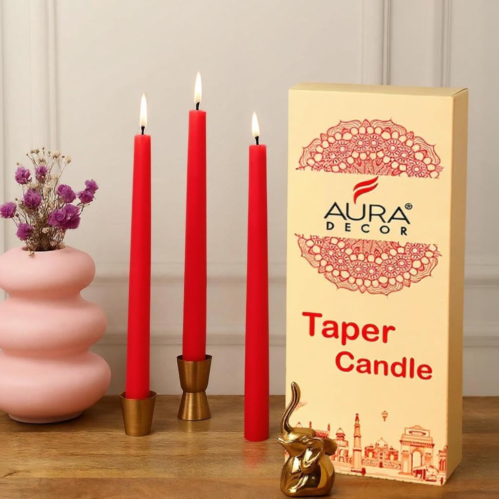 AuraDecor Spitzkerzen-Set || Tafelkerzen || Feierkerzen || 25,4 cm Kerzen || Tropffrei || Rauchlose Kerze || Brenndauer 8 Stunden (12 Stück, Rot)