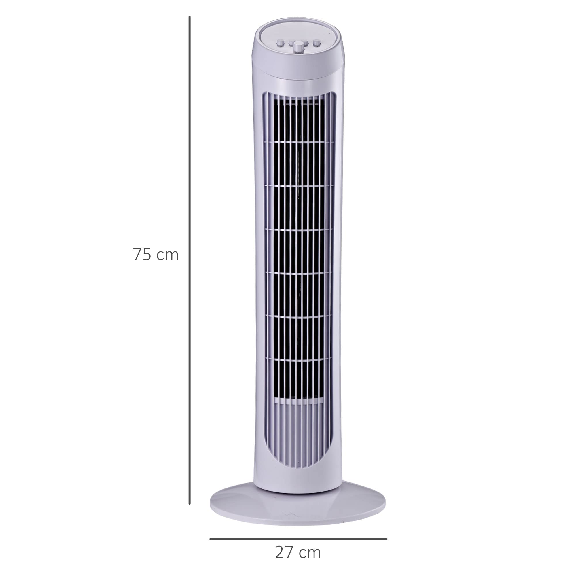 HOMCOM Ventilateur colonne silencieux et puissant 45W ventilateur tour 3 vitesses et oscillant 70°, pour chambre, bureau, 27 x 27 x 75 cm, blanc