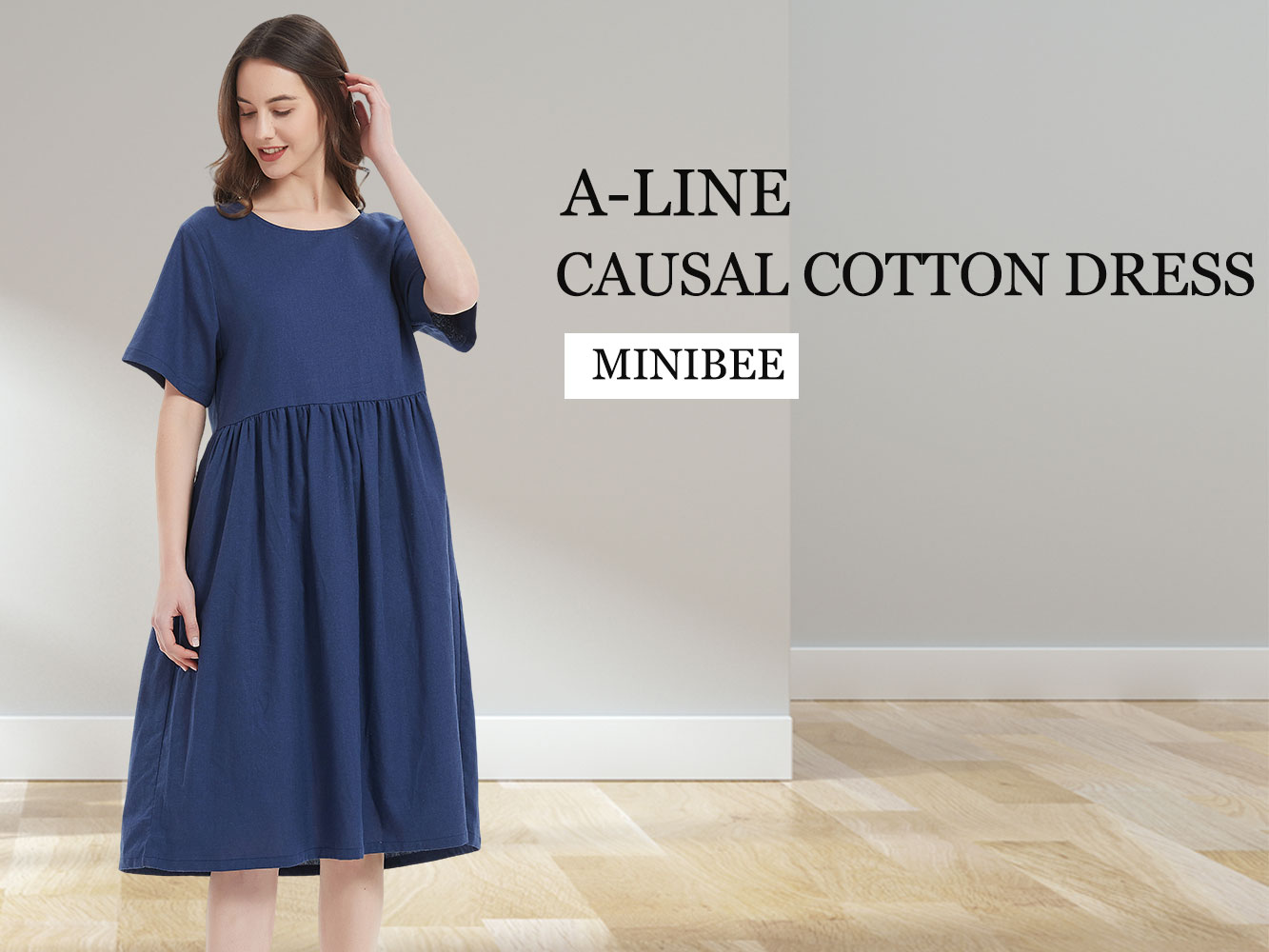 Minibee Women's Summer Linen Dress Casual Midi Dresses, Black, M