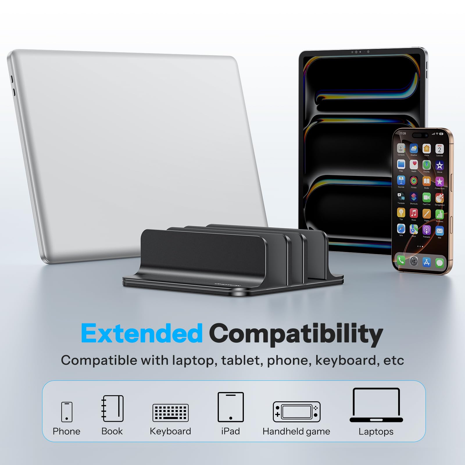 OMOTON Soporte vertical para laptop de 3 ranuras, soporte de aluminio de escritorio para MacBook con tamaño de base ajustable, se adapta a todos los MacBook, Surface, Chromebook y portátiles de juegos