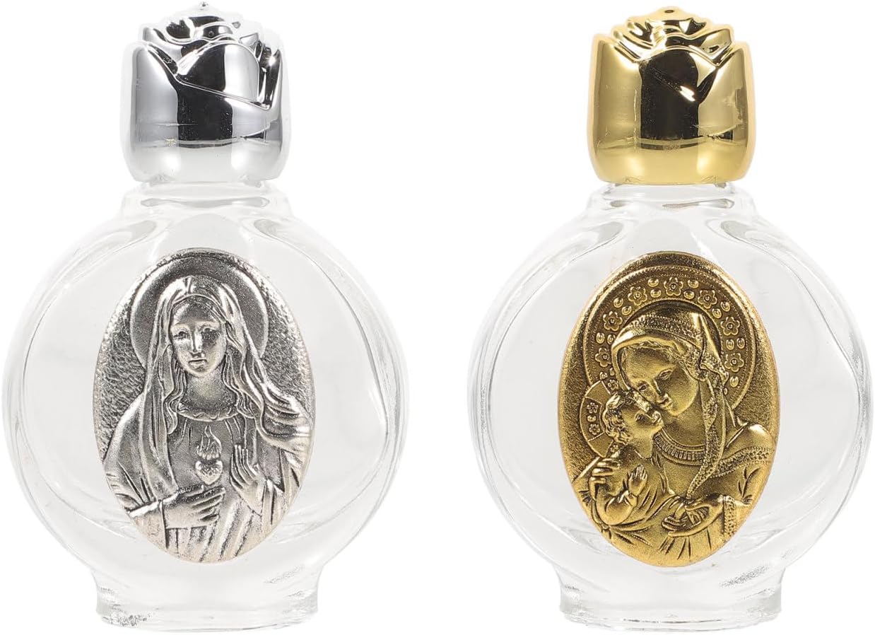 FAVOMOTO 2pcs Portable Glass Holy Water Bottle, Refillable Embossed Holy Container Decorative Blessing Water Bottles for Home Use