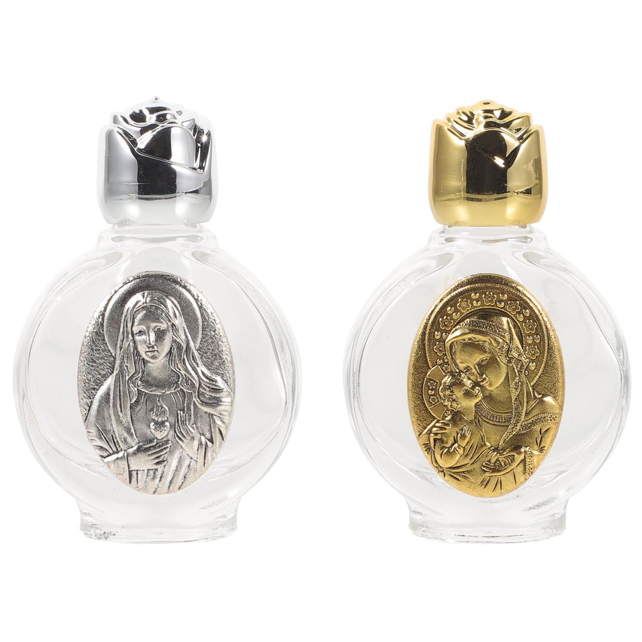 PartyKindom 2pcs Holy Water Bottles Decorative Small Glass Bottles Engraved Alloy Portable Blessing Water Containers Religious Set for Home and Travel