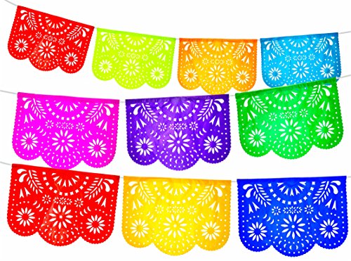 Fiesta Brands Mexican Papel Picado Banner.Colores de Primavera.Vibrant Colors Tissue Paper. Large Size Panels. Multicolored Flowers Design