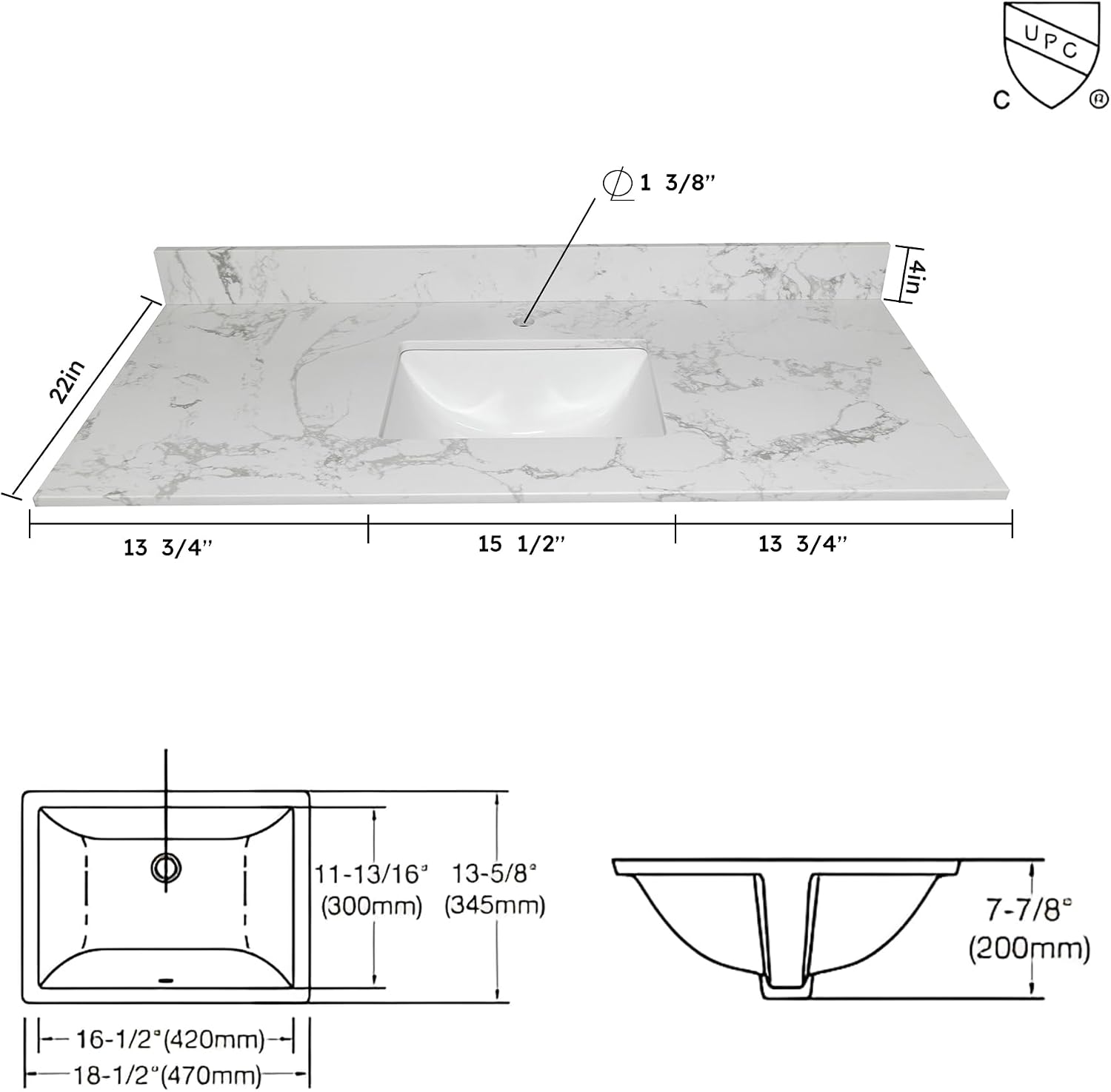 43 Inch Marble Vanity Top with Undermounted Rectangular Ceramic Sink & Backsplash, White Carrara Engineered Stone Countertop Vanity Sink Top for Bathroom 1 Pre-Drilled Hole