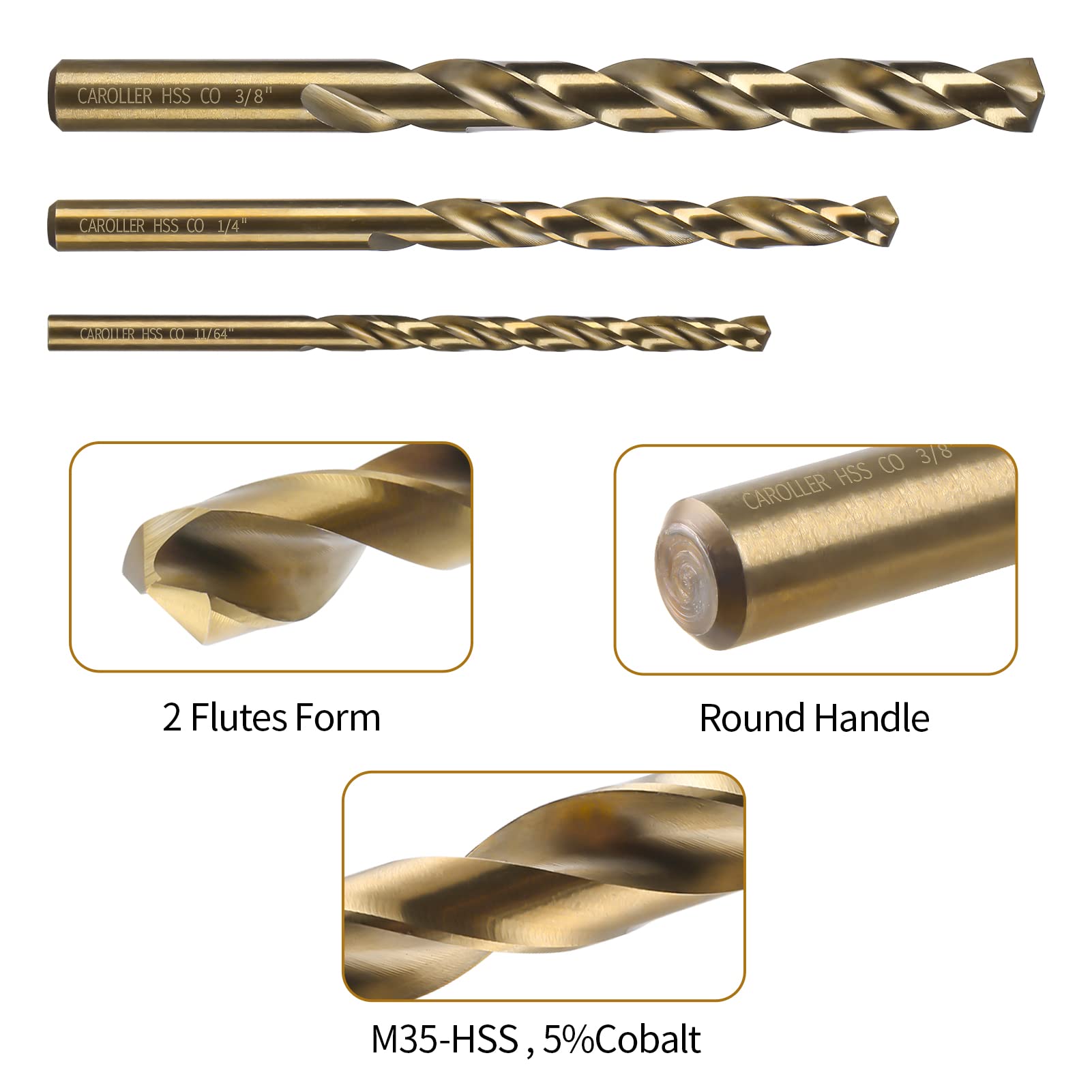 CaRoller Juego de 15 brocas de cobalto M35 de acero de alta velocidad para metal endurecido, acero inoxidable, hierro fundido, madera y plástico con vástago redondo, almacenamiento de caja de plástico