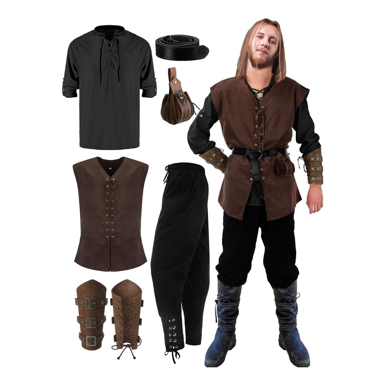 Mittelalter Kleidung Herren Set, 6 Stück Renaissance Kostüm, Kurzarm Tunika Hose mit Zubehör, Erwachsener Wikinger Viking Ritter Outfit für Halloween, Karneval, Mittelalterfest, Faschingskostüme