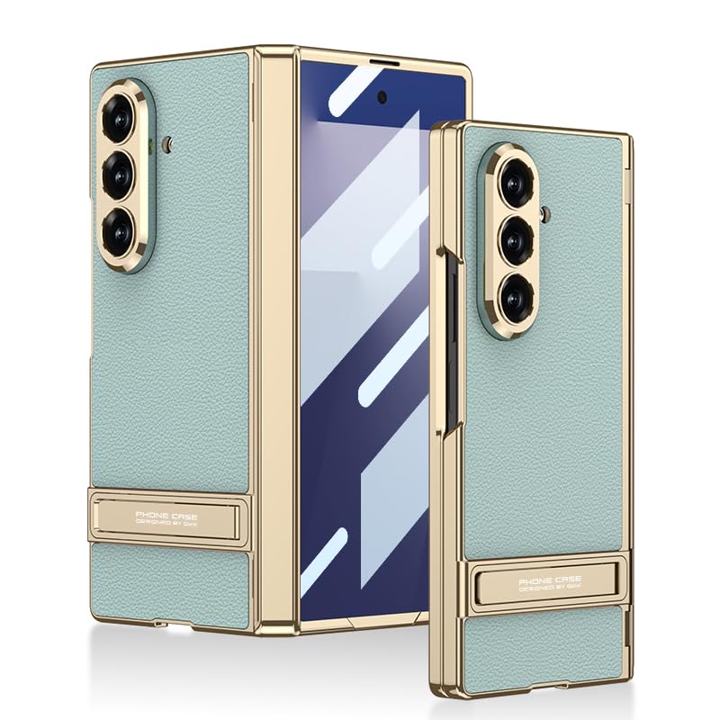 Image of Midkart Magnetic Case Compatible with Samsung Galaxy Z Fold 7 Release 2025 Hinge Protection Leather Cover with Stand Electroplated Camera Protection, Mint Green & Gold