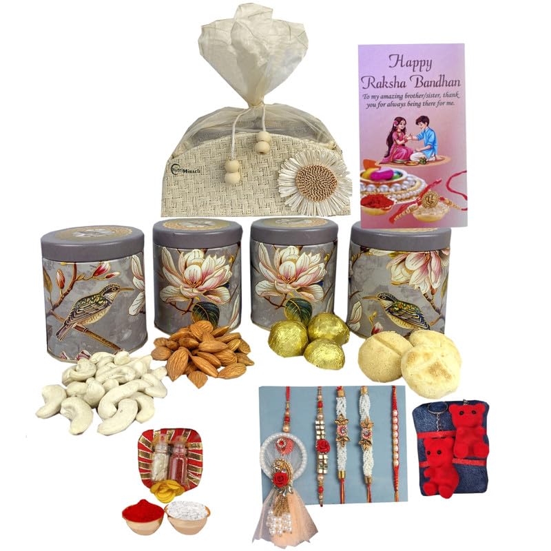 Image of NUTRI MIRACLE Rakhi and Bhai Dooj Gift Pack for Brother with Chocolate Bites, Dry Fruits Jar and Tilak Set