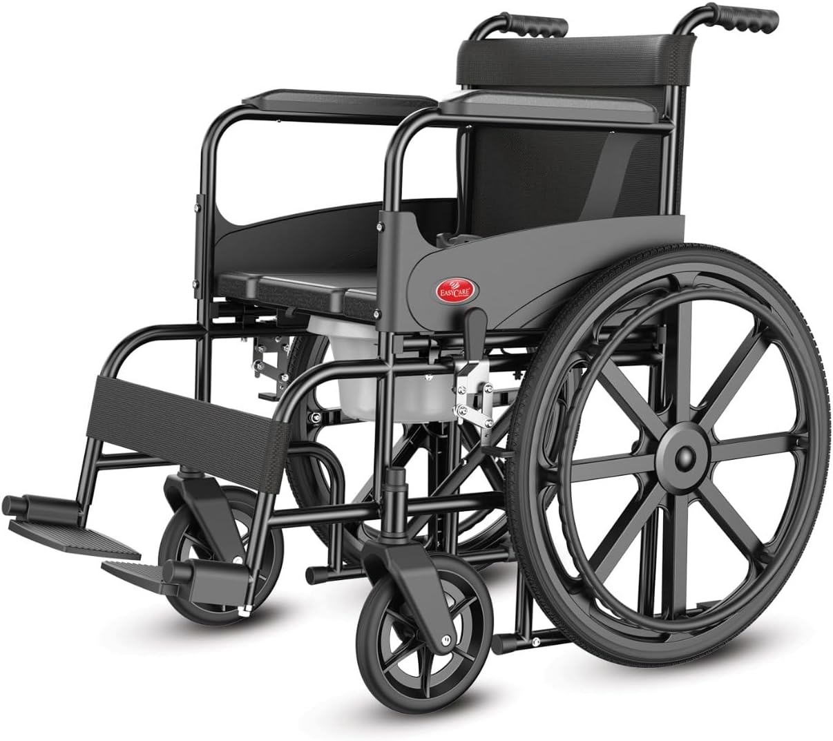 Easycare U Cut Commode Wheelchair for Old People and Patient, Suitable for Indoor & Travel-Friendly with Adjustable & Comfort Seat Belt with Footrests, Wheel Chair for Toilet