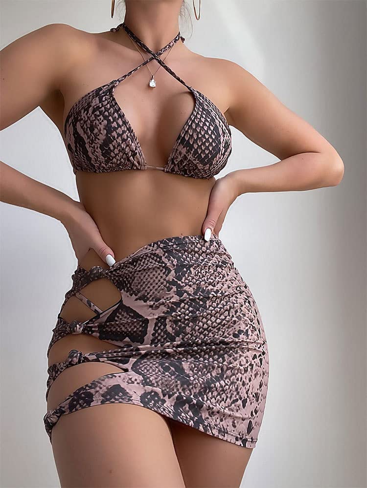 FCYYUETY 3 Pcs Crisscross Side Open Dress Sexy Scoop Neck Straps Bandeau Bikini Snakeskin Liquid Metallic Thong Swimsuit3