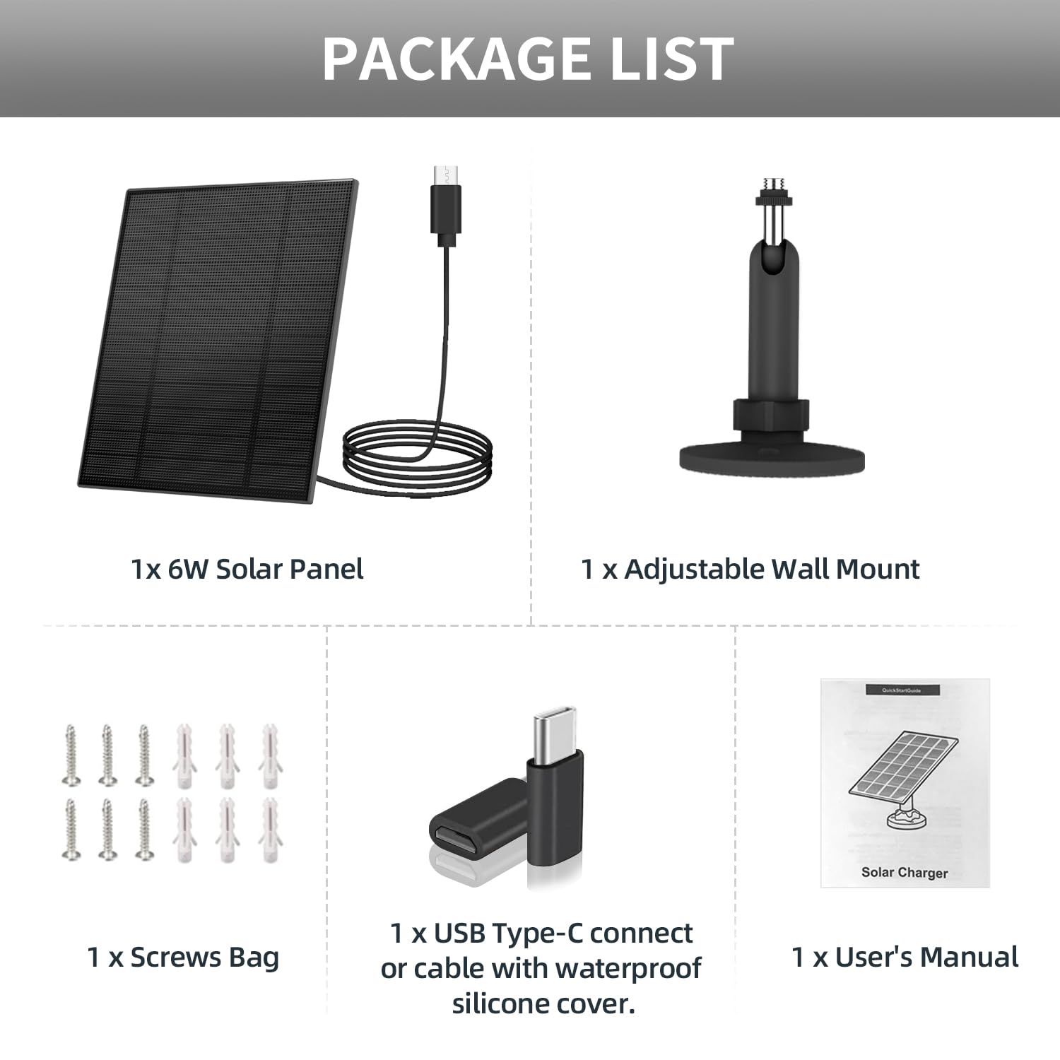 Pannello solare da 5 W per telecamera di sicurezza, pannello solare con porta Micro USB e USB-C per fotocamera con batteria ricaricabile da esterni DC 5 V, impermeabile IP65, supporto di sicurezza