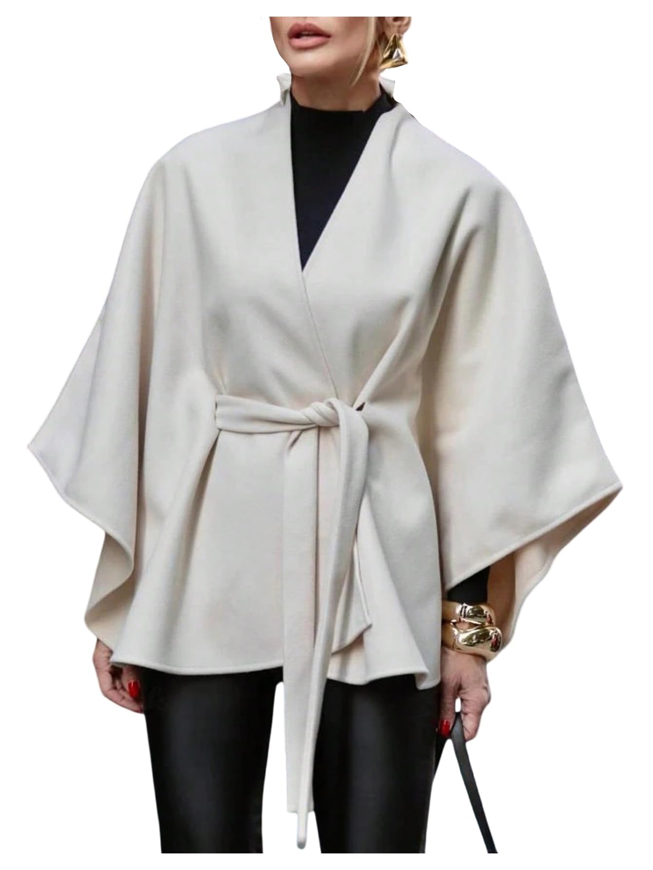 Verdusa Womens Old Money Tie Waist Shawl Wraps Oversized Poncho Cardigan Winter Cape Coat