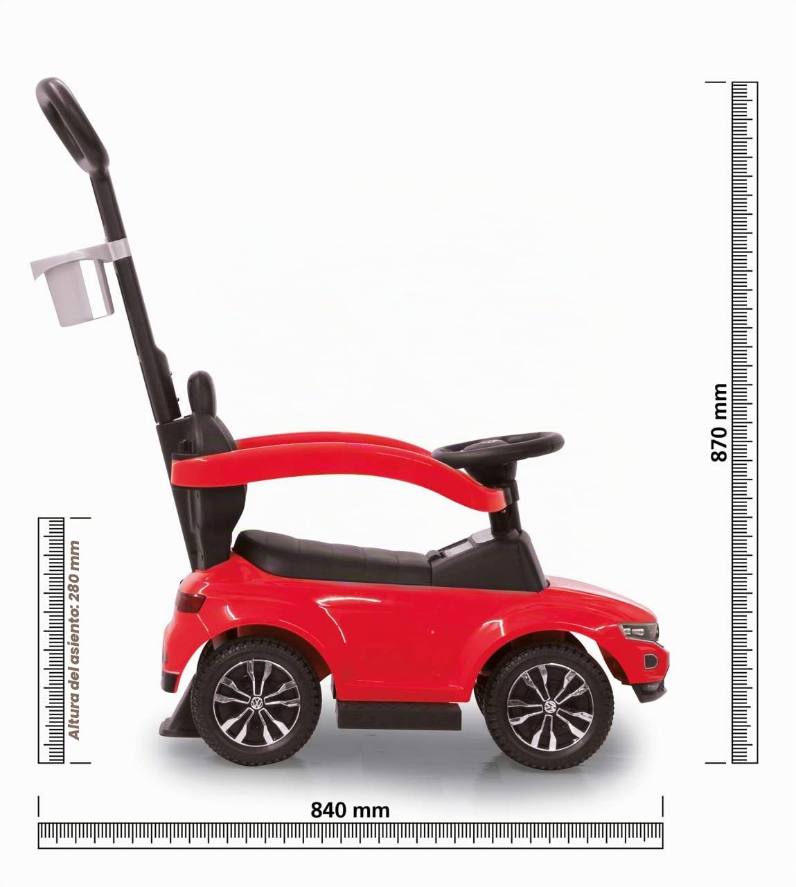 Jamara 460461 - Correpasillo VW T-Roc 3en1 Rojo – Antivuelco, Sonidos, Protección Lateral, Soporte con función de dirección, Portavasos, Apoyapiés Extensible