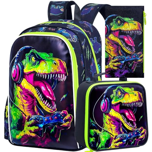 Image of CCJPX 3Pcs Dinosaur Backpack for Boys, 16 inch Gamer Kids Bookbag with Lunch Box, Cool Water Resistant Schoolbag for Preschool Kindergarten Toddler(Black)