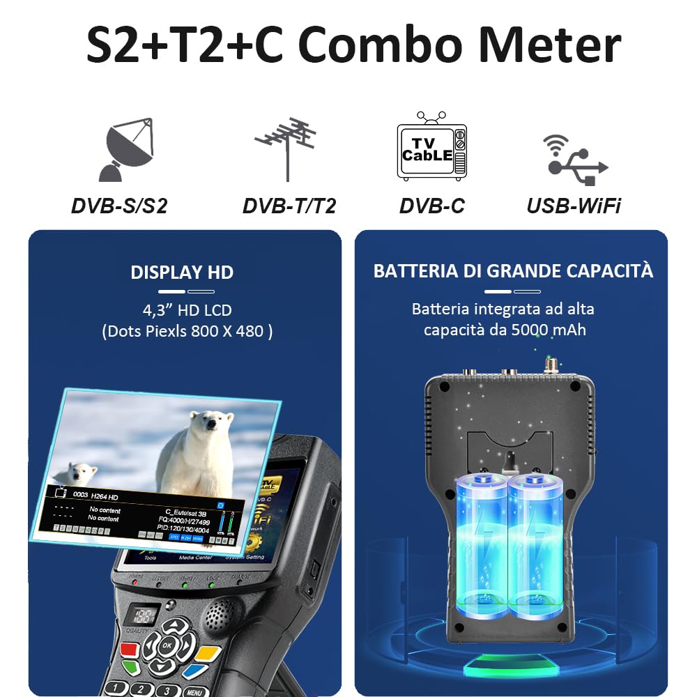 VF9930 Max Pointeur Satellite Antenne TNT DVB-S2/S/T2/T/C COMBINÉ MPEG4/H.264, HEVC/H.265 10bit, HD Sat Finder 4.3" LCD 7.4V/5000mAh