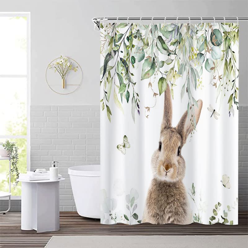 Lofaris Spring Easter Cute Bunny Shower Curtain for Bathroom Watercolor Foliage Butterfly Dragonfly Rustic Farmhouse Rabbit Bathtubs Waterproof Fabric Curtain Set Decor with 12 Hooks 72x72 Inches - image 3